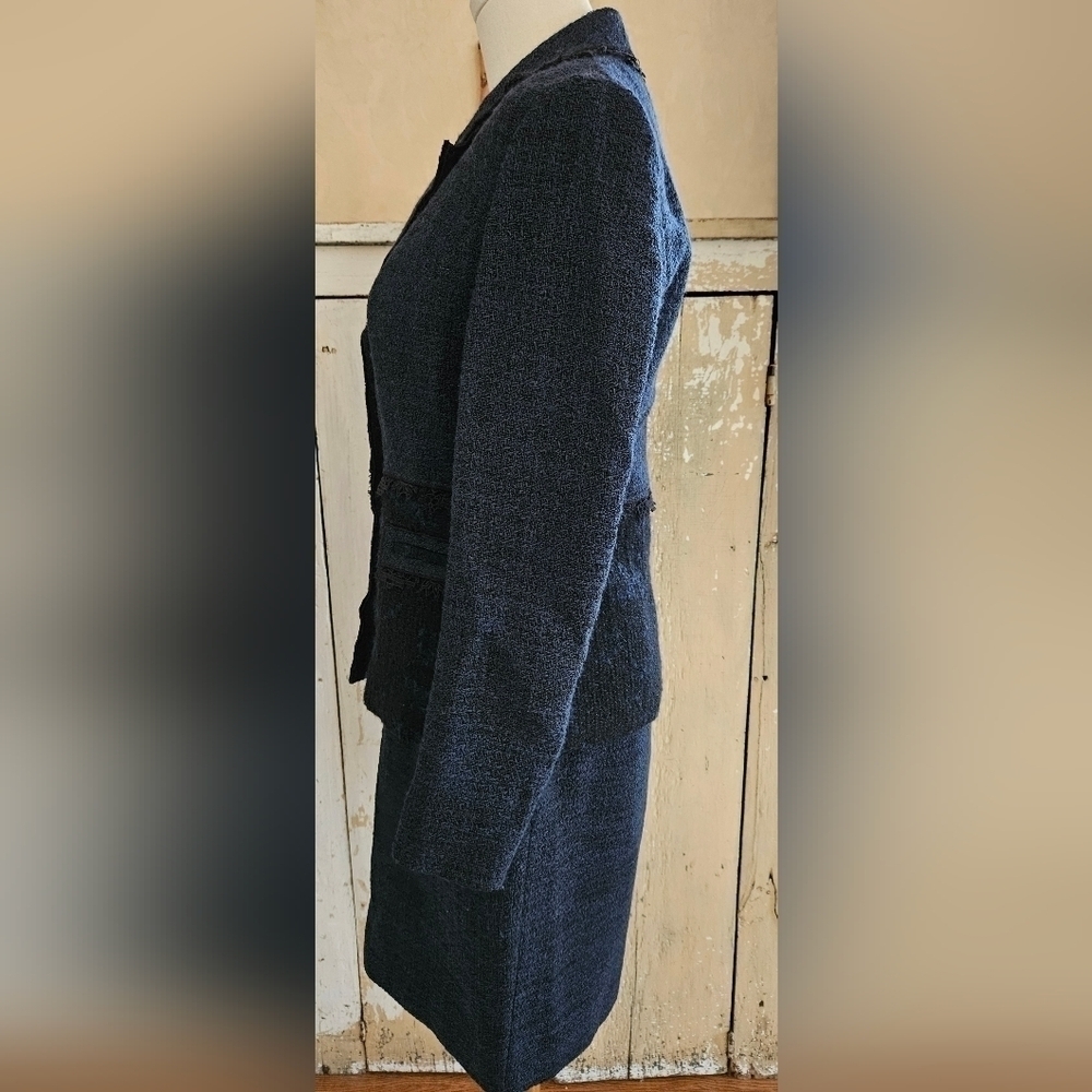 Elie Tahari Navy 2 Piece Wool Blazer Sleeveless Dress Lace Trim Set-Size 2 - Picture 7 of 16